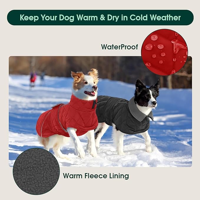 Kuoser Dog Winter Coat Waterproof Dog Snow Jacket, Warm Fleece Lined Pet Turtleneck Snowsuit Puppy Cold Weather Coats with Harness Hole, Adjustable Winter Vest for Medium Large Dogs, Red, L