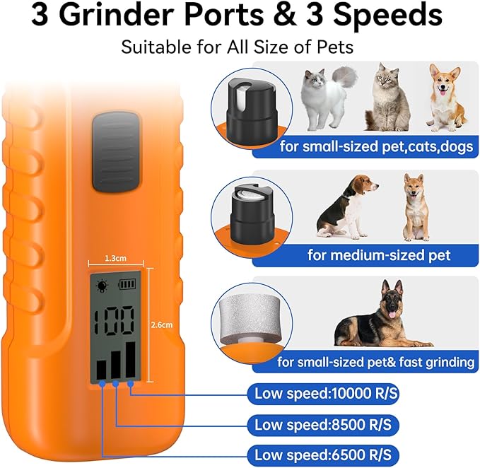PAPIFFEED Dog Nail Grinder – Quiet Electric Nail Trimmer with Dual LED Light, Safe for Black & Thick Nails, Rechargeable for Small Medium Large Dogs & Cats (Orange)