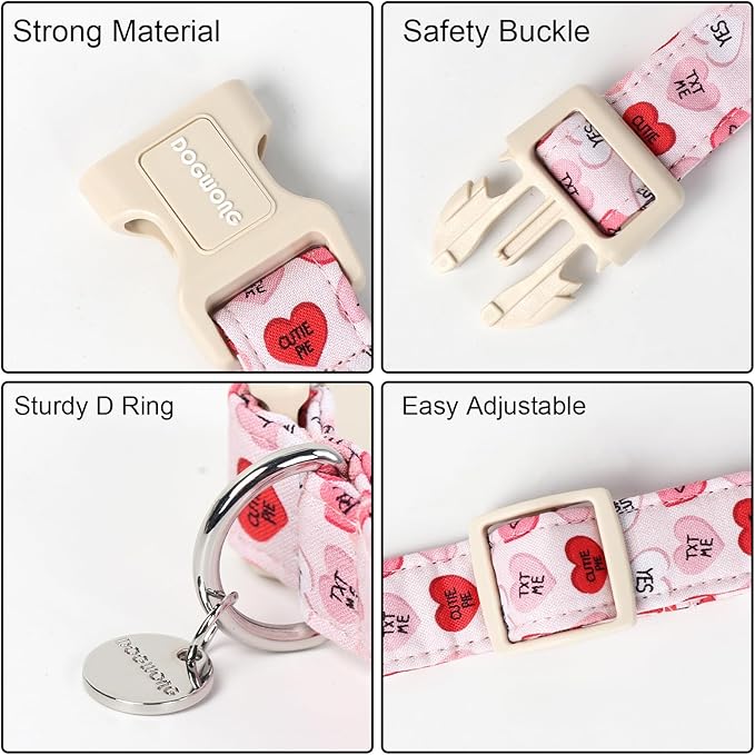 DOGWONG Valentine's Dog Collar, Adjustable Durable Pink Heart Dog Collar Cute Girl Dog Collar for Small Medium Dogs