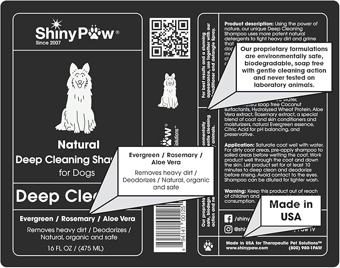 Shiny Paw Natural Deep Cleaning Organic Dog Shampoo 16 oz | Dog Itching Skin Relief with Evergreen, Aloe & Rosemary | Natural Dog Shampoo for Smelly Dogs