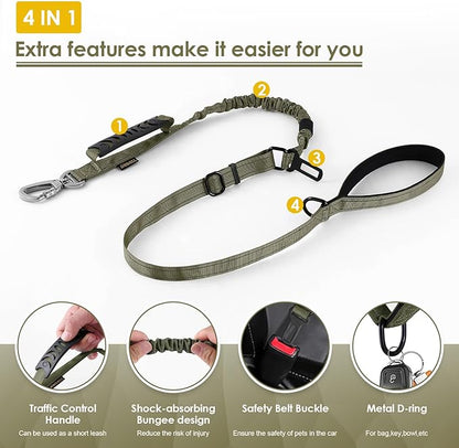 AUBELL Tactical Dog Leash Heavy Duty,4-6ft Reflective Strong No Pull Bungee Leash for Small Dogs with Comfortable Padded Double Handle,Car Seat Belt,360 Degree Rotating Carabiner,Green