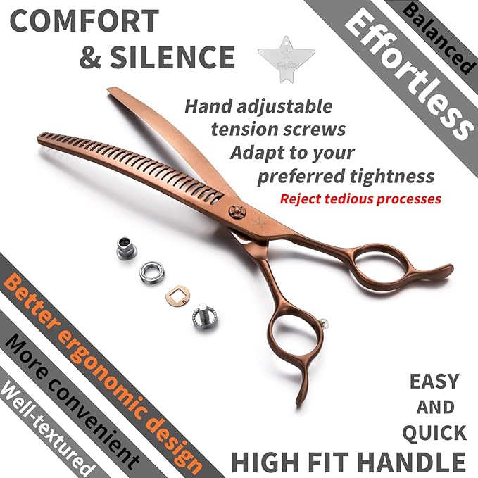 High-end Professional Dog Grooming Curved Thinning Scissors Teeth Blending Shears Pet Texturizing Thinner Blender Shears 7.5 Inch Extremely Very Sharp Made Of Stainless Steel Alloy For Dog Cat Groomer