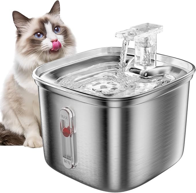 Cat Water Fountain, 74.4oz/2.2L Stainless Steel Cat Fountain for Drinking with Waterfall Effluent, Silent Pet Drinking Dispenser with Float Water Level for Small Animal