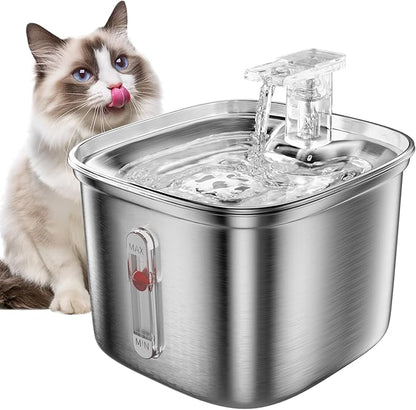Cat Water Fountain, 74.4oz/2.2L Stainless Steel Cat Fountain for Drinking with Waterfall Effluent, Silent Pet Drinking Dispenser with Float Water Level for Small Animal