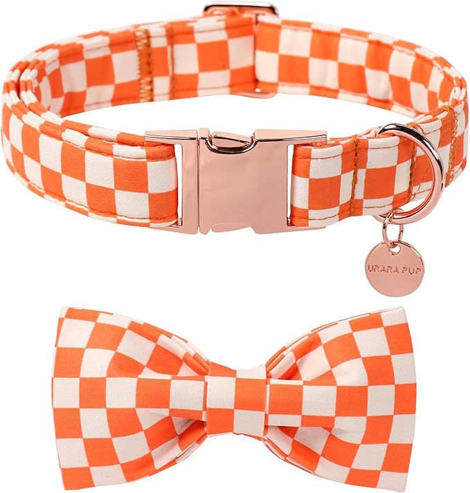Fall Dog Collar with Bow Tie, Orange Plaid Bowtie Dog Collar, Autumn Bowtie Collars for Puppy Boy Girl Dogs, Comfortable Cotton Dogs Collars with Metal Buckle