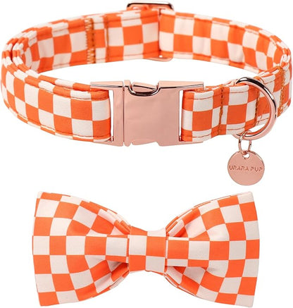 Fall Dog Collar with Bow Tie, Orange Plaid Bowtie Dog Collar, Autumn Bowtie Collars for Puppy Boy Girl Dogs, Comfortable Cotton Dogs Collars with Metal Buckle