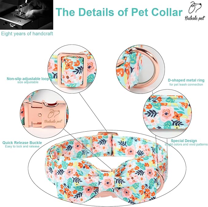 Floral Dog Collar with Bow Tie - Adjustable Light Blue Flower Bowtie Collar Breathable Comfort Spring-Summer Dog Collars for Small Medium Large Dogs S