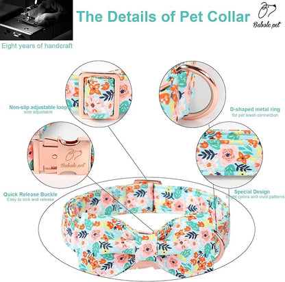 Floral Dog Collar with Bow Tie - Adjustable Light Blue Flower Bowtie Collar Breathable Comfort Spring-Summer Dog Collars for Small Medium Large Dogs XS