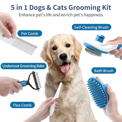 WOPQAEM Dog Brush Grooming Kit 5 PCS - Self Cleaning Slicker Brush for Shedding Short Long Haired Dogs & Cats, Includes Pet Comb, Flea Comb, Bath Brush, Undercoat Rake - Complete Fur Care Set - Blue