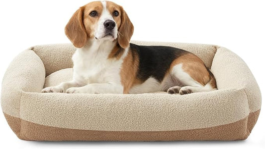 FURTIME Washable Dog Bed Medium Large Size Dogs, Rectangle Comfy Fluffy Pet Bed, Removable Zipper Cover Machine Wash, Soft Orthopedic Bed Durable Pet Cuddler with Anti-Slip Bottom, 30"x24"x8", Beige