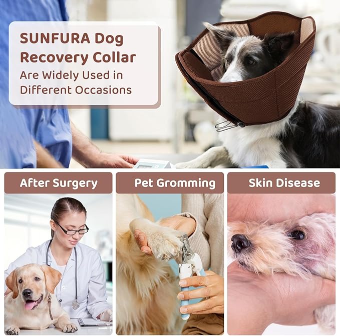 SUNFURA Dog Cone - Soft Cone for Dogs to Stop Licking, Pet E-Collar Alternative After Surgery, Adjustable Pet Recovery Collar for Wound Healing, Brown Small