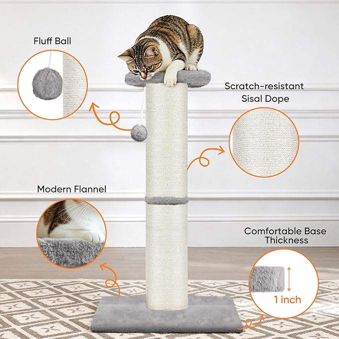 PAWSCRAT Cat Scratching Post 32" Tall, Large Diameter Natural Sisal Cat Scratch Post with Dangling Ball for Indoor Cats, Scratch-Resistant Durable and Protect Your Furniture, LightGrey