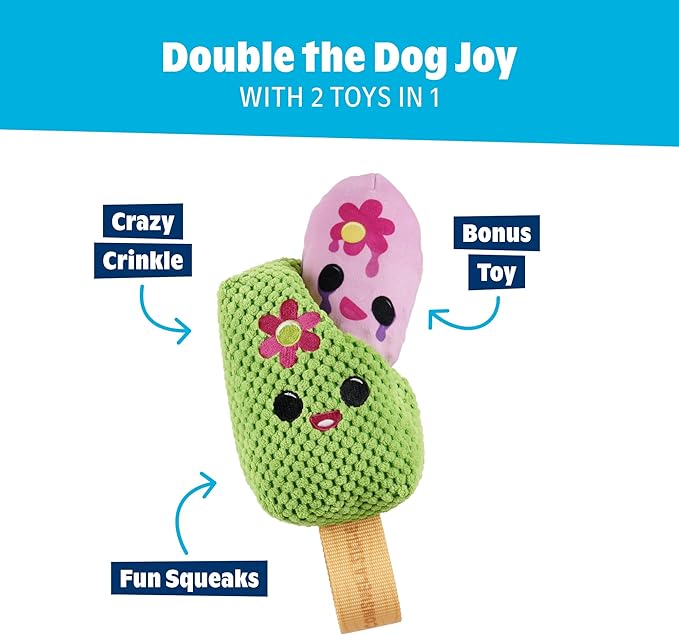 Barkbox BARK Consuela The Cactus Pop – 2-in-1 Summer Plush Dog Toy with Squeaker & Crinkle Layers – Interactive Ice-Cream-Themed Dog Toy for Puppies & Large Dogs