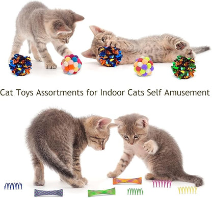 Retro Shaw 25Pcs Cat Toys with Kitten Tunnels, Interactive Kitty Toys for Indoor Cats, Large Cat Tube Tent Feather Wand Teaser Balls Bell Fuzzy Springs Mouse Crincly - Extra Longer Cats Tunnel Set