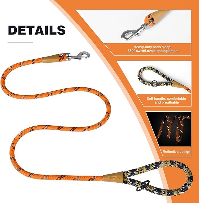 lynxking Rope Dog Leash 6 FT with Comfortable Padded Handle, Highly Reflective Threads Leash for Small Medium Large Dogs (Orange, 2PCS Large 1/2in x 6ft-Rope Clasp)