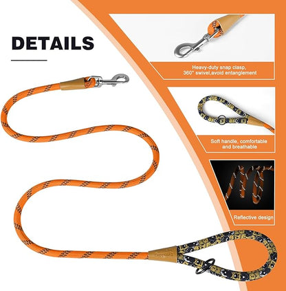 lynxking Rope Dog Leash 6 FT with Comfortable Padded Handle, Highly Reflective Threads Leash for Small Medium Large Dogs (Orange, 2PCS Large 1/2in x 6ft-Rope Clasp)