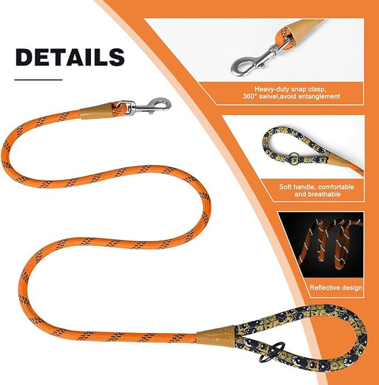 lynxking Rope Dog Leash 6 FT with Comfortable Padded Handle, Highly Reflective Threads Leash for Small Medium Large Dogs (Orange, Large 1/2in x 6ft-Rope Clasp)