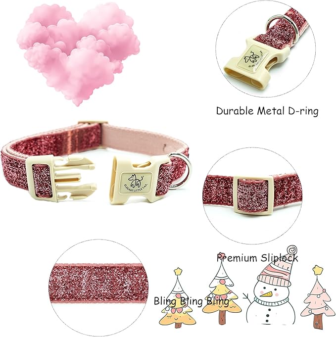 Elegant little tail Glittering Dog Collar, Cute Girl Pet Collar Pink Bling Pet Collars Durable Cotton Webbing Eco-Friendly Plastic Buckle Adjustable Dog Collars for Small Dog