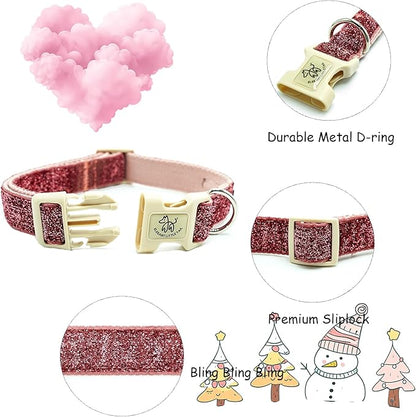 Elegant little tail Glittering Dog Collar, Cute Girl Pet Collar Pink Bling Pet Collars Durable Cotton Webbing Eco-Friendly Plastic Buckle Adjustable Dog Collars for X-Small Puppy