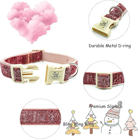 Elegant little tail Glittering Dog Collar, Cute Girl Pet Collar Pink Bling Pet Collars Durable Cotton Webbing Eco-Friendly Plastic Buckle Adjustable Dog Collars for X-Small Puppy