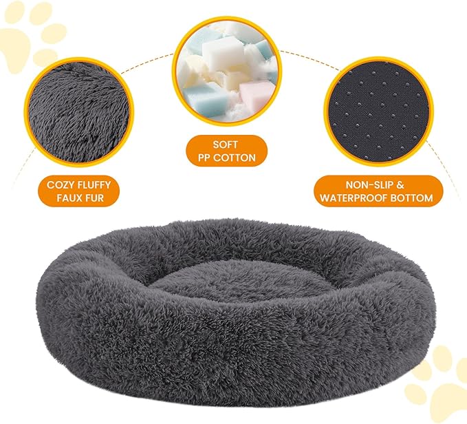 URGVANZ PET Calming Dog Bed Anti-Anxiety Donut Dog Beds for Small Medium Large Dogs,Washable Plush Fluffy Indoor Cat Kitten Round Cuddler Cushion (Dark Grey, XX-Large)