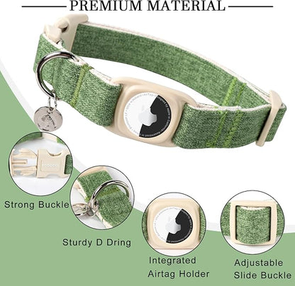 DOGWONG Airtag Cotton Hemp Dog Collar, Heavy-Duty Dog Collar with Airtag Holder Green Natural Fabric Pet Cute Puppy Necklace for Small Medium Large Dogs