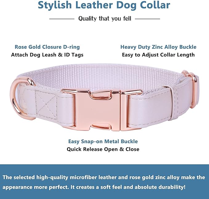 Soft Leather Dog Collar and Leash (6.6') Set - Stylish Rose Gold Heavy Duty Metal Buckle, 4 Adjustable Lengths Leash for Small Medium Large Dogs - Comfortable & Easy to Clean L(15.4"-24.8"), Gold Pink