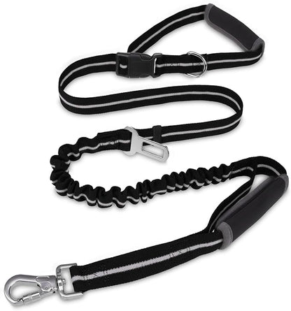 PUPTECK Heavy Duty Bungee Leash for Medium Large Dogs, No Pull Tactical Dog Leash with Double Handles for Training, Reflective with Car Seatbelt and Quick Release Buckle, Black