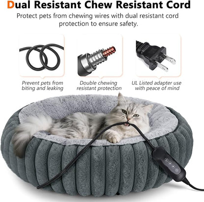 INVENHO Heated Cat Beds for Indoor Cats and Small Dogs, 20" Cozy Donut Heated Pet Bed with Timer & Temp Adjustable, Removable Waterproof Electric Warming Bed for Indoor Cat