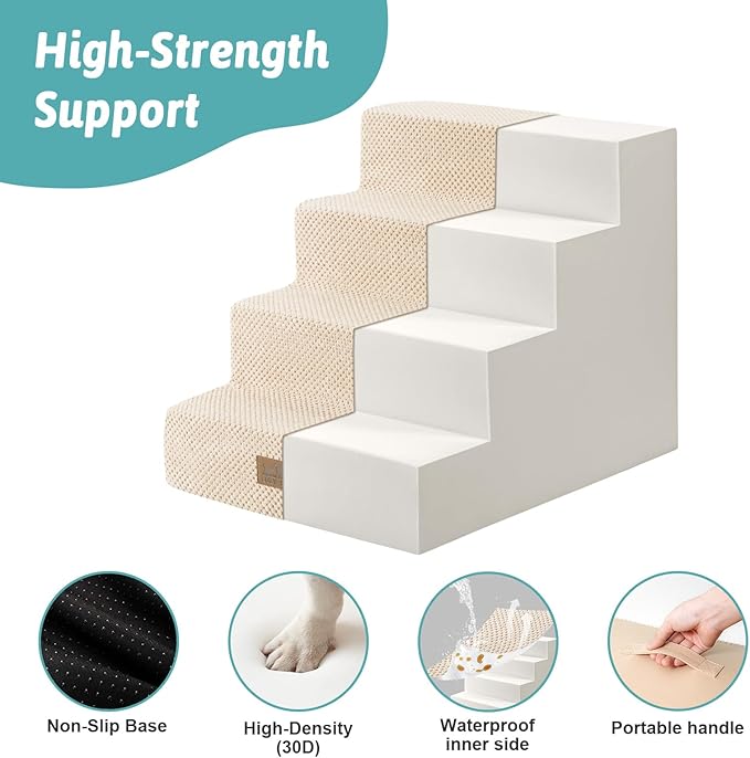 COZY KISS Dog Stairs for Small Dogs, 4 Tier Wider Pet Stairs for Couch and Beds, 17.7" H Non-Slip Dog Steps for Old Cats, Puppy, Small Medium Dogs, 17.7x23.6x17.7 inch, Beige