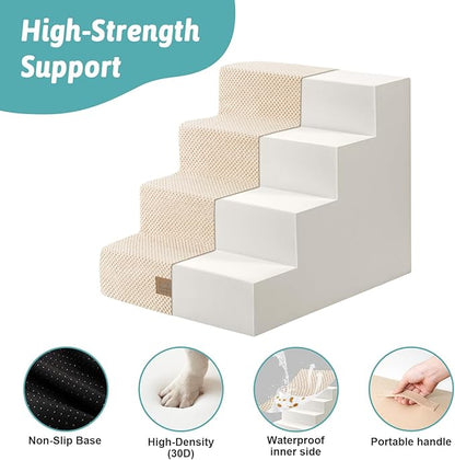COZY KISS Dog Stairs for Small Dogs, 4 Tier Wider Pet Stairs for Couch and Beds, 17.7" H Non-Slip Dog Steps for Old Cats, Puppy, Small Medium Dogs, 17.7x23.6x17.7 inch, Beige