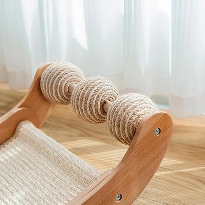 RizzQi Sisal Cat Scratcher Bed with 3 Toy Balls for Indoor Cats, Durable Wooden 3-in-1 Hammock Lounge & Scratch Pad - Modern Furniture for Large Cats, Scratching Post Lounger