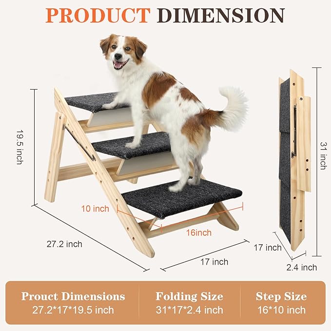 Dog Stairs/Steps, 2-in-1 Foldable Wooden Pet Stairs, Wood Frames and Non-Slip Carpet Suitable for High Beds, Car, Couch, Durable Wooden Dog Stairs for Small Medium and Large Dogs,3 Steps