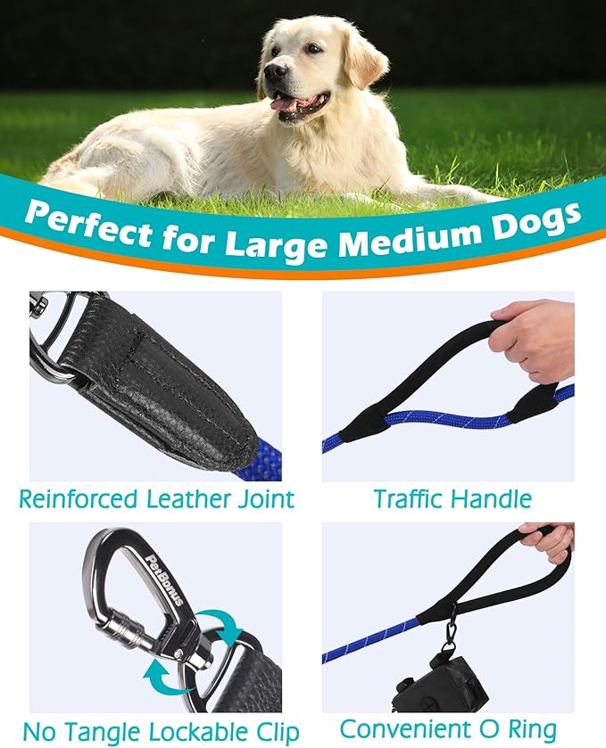 PetBonus Double Handle Rope Dog Leash, 5FT Heavy Duty Training Lead with Lockable Hook and 2 Comfortable Padded Handles, Reflective Walking Nylon Leash for Large Medium Dogs (55-200 lbs, Blue)