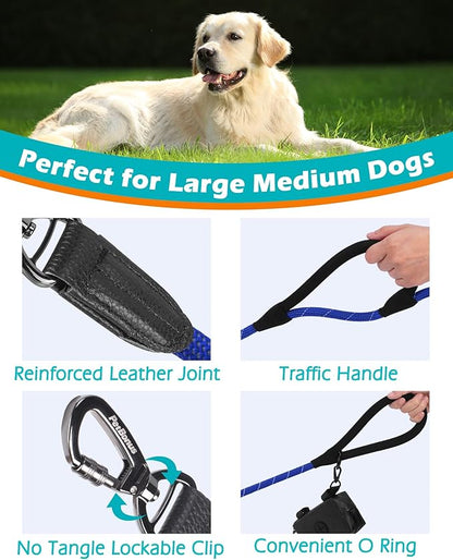 PetBonus Double Handle Rope Dog Leash, 5FT Heavy Duty Training Lead with Lockable Hook and 2 Comfortable Padded Handles, Reflective Walking Nylon Leash for Large Medium Dogs (55-200 lbs, Blue)