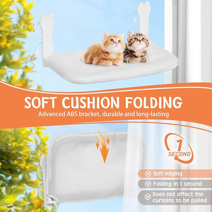 2 Pack Cat Window Perch,Cat Window Hammock Cordless Foldable Window Bed with 4 Large Strong Suction Cup,Reversible Cushion Cover,Metal Frame Easy to Adjust Window Seat Holds up to 40lbs(White，M