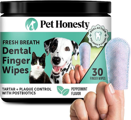 Dog Dental Finger Wipes for Teeth Cleaning Plaque Off - Dental Care for Dogs & Cats, Stain & Tartar Remover for Teeth, Finger Toothbrush Wipes, Gum Care with Zinc, Green Tea, + Postbiotics - 30 ct