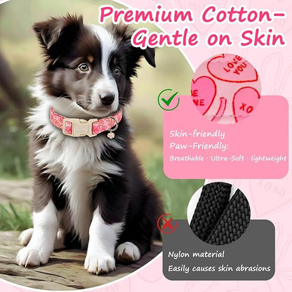 Valentines Dog Collar with Heart Bow Pattern, Adjustable Medium Dog Collar with Safety Buckle & Heart Charm, Spring Summer for Girl Boy Dogs-M