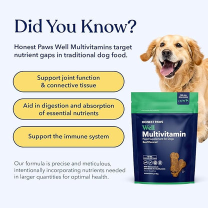 Honest Paws (90 Count) Dog Multivitamin Soft Chews with 10 Essential Vitamins - Joint, Coat, Immune, Eye & Heart Support - with Glucosamine, Chondroitin & Omega-3 - Beef Flavor
