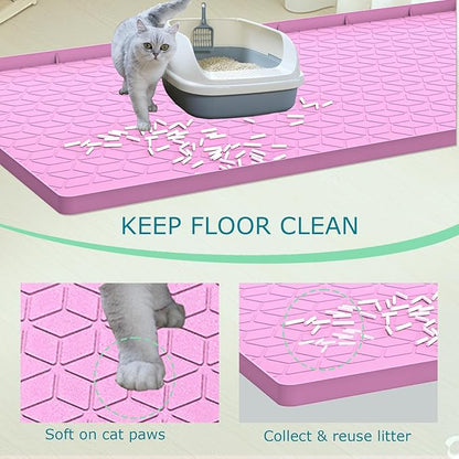 Jacooxi Cat Litter Mat, Silicone Large Cat Mat for Litter Box - 34x22 in, Waterproof & Non-Slip, Durable & Easy Clean, Pink