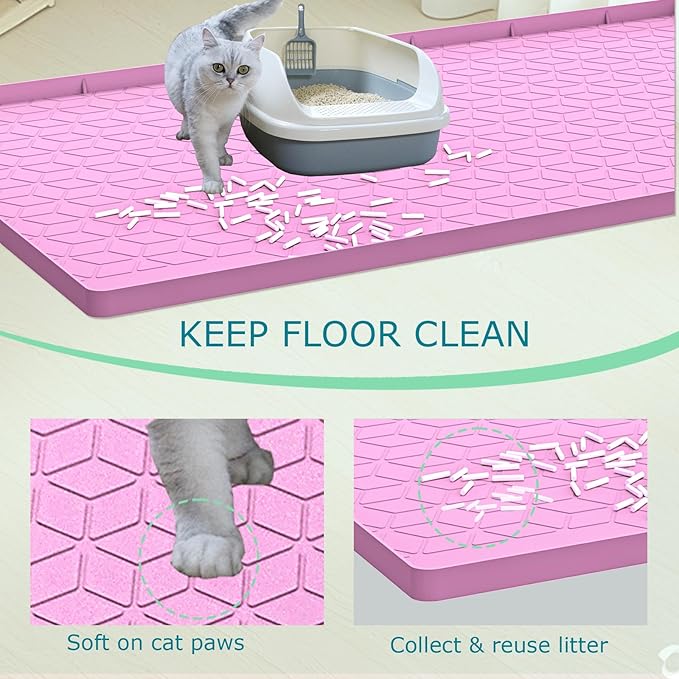 Jacooxi Cat Litter Mat, Silicone Large Cat Mat for Litter Box - 40x28 in, Waterproof & Non-Slip, Durable & Easy Clean, Pink