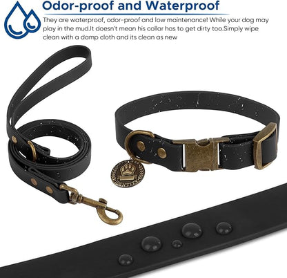Wisedog Dog Collar and Leash Set, Waterproof Adjustable Puppy Collars with Cute Tag 6FT Dog Leash with Poop Bag for Small Medium Large Dogs (XL, Black)
