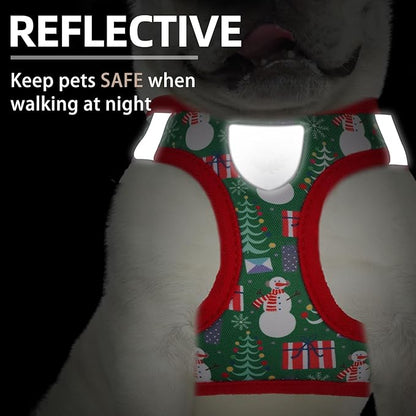 PUPTECK Adjustable Dog Harness Collar and Leash Set Step in No Pull Pet Harness for Small Medium Dogs Puppy and Cats Outdoor Walking Running, Soft Mesh Padded Reflective Vest Harnesses, Christmas, L