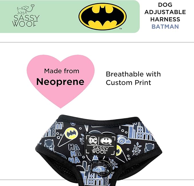 Sassy Woof Dog Adjustable Harness - Batman™ - M, Breathable Mesh, No Pull Design with Two D-Rings, Patented Design, Perfect for Medium Dogs - Officially Licensed