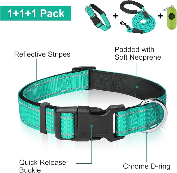Dynmeow Reflective Dog Collar and Leash Set, 6FT Strong Climbing Rope Leash with Padded Handle, Adjustable Pet Collar with Soft Neoprene Padding for Small Medium Dogs, Teal, S