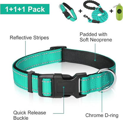 Dynmeow Reflective Dog Collar and Leash Set, 6FT Strong Climbing Rope Leash with Padded Handle, Adjustable Pet Collar with Soft Neoprene Padding for Small Medium Dogs, Teal, S