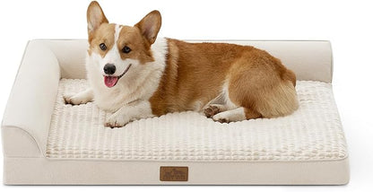 COZY KISS Orthopedic Dog Bed for Large Medium Size Dog, Dogs Crate Bed, L Shaped Foam Anti-Slip Bottom Pet Cat Sofa with Washable Removable Cover, Suitable for Pet Up to 75 lbs, 36x27x6.5 inch, Beige