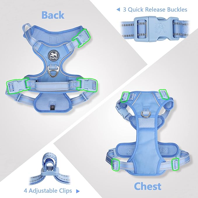 PoyPet No Pull Dog Harness, No Choke Reflective Dog Vest, Adjustable Pet Harnesses with Easy Control Padded Handle for Small Medium Large Dogs(Light Blue Matching Trim,L)