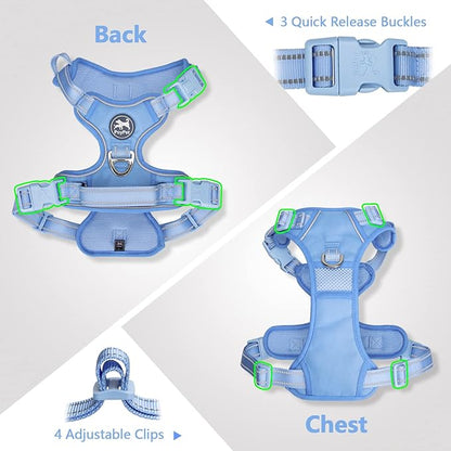 PoyPet No Pull Dog Harness, No Choke Reflective Dog Vest, Adjustable Pet Harnesses with Easy Control Padded Handle for Small Medium Large Dogs(Light Blue Matching Trim,M)