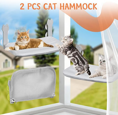 2 Pack Cat Window Perch,Cat Window Hammock Cordless Foldable Window Bed with 4 Large Strong Suction Cup,Reversible Cushion Cover,Metal Frame Easy to Adjust Window Seat Holds up to 40lbs(Gray，M)